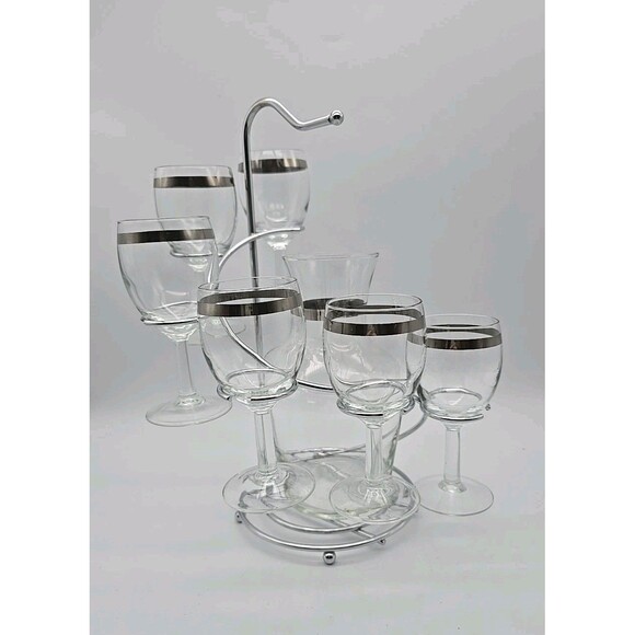 MCM Wine Decanter Set with 6 Wine Glasses Silver Banded Made In France NICE - Picture 1 of 10